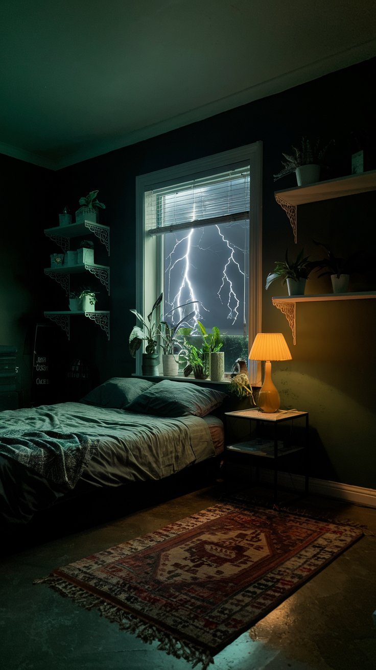 A dark green bedroom with a thunderstorm outside. There is a rug on the floor and a lamp on a side table next to the bed. The walls have white shelves with plants.