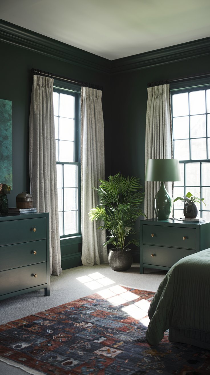 a dark green bedroom with a rug and lightning. The room has a high ceiling and is illuminated by natural light. The walls, trim, and furniture are painted dark green. There is a rug on the floor. A lamp with a green shade is on a side table. A potted plant is in the corner. The windows have white curtains.