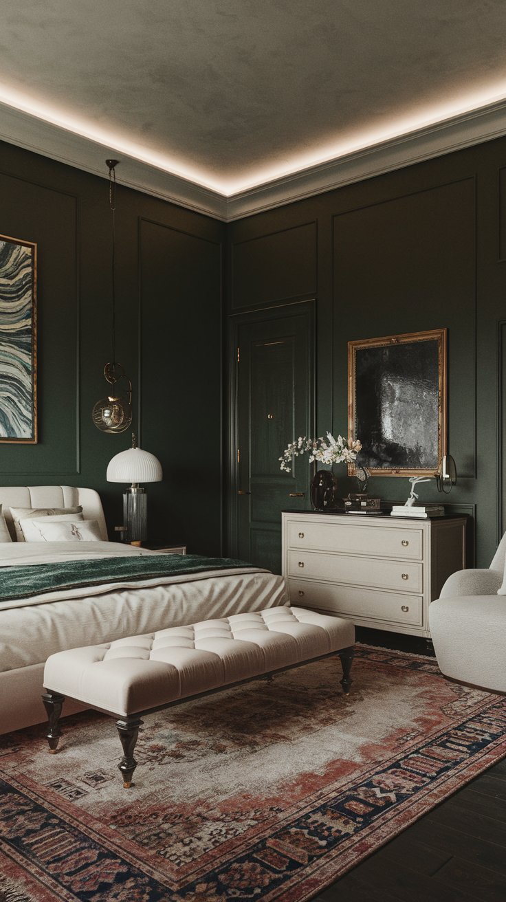 A dark green bedroom with a rug and a lightning. The room has a dark green wall, a white bed, a white dresser, and a white chair. There is a rug on the floor. The ceiling has a lightning.