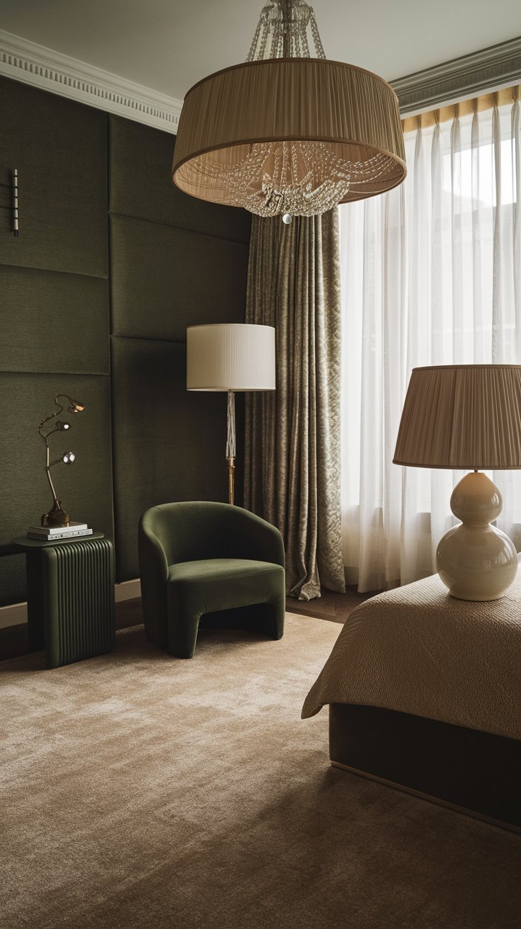 A dark green luxury bedroom with a beige rug and a matching lampshade. There is a white lamp on a dark green side table. A dark green chair is placed near the wall. The room has a chandelier and a window with curtains.