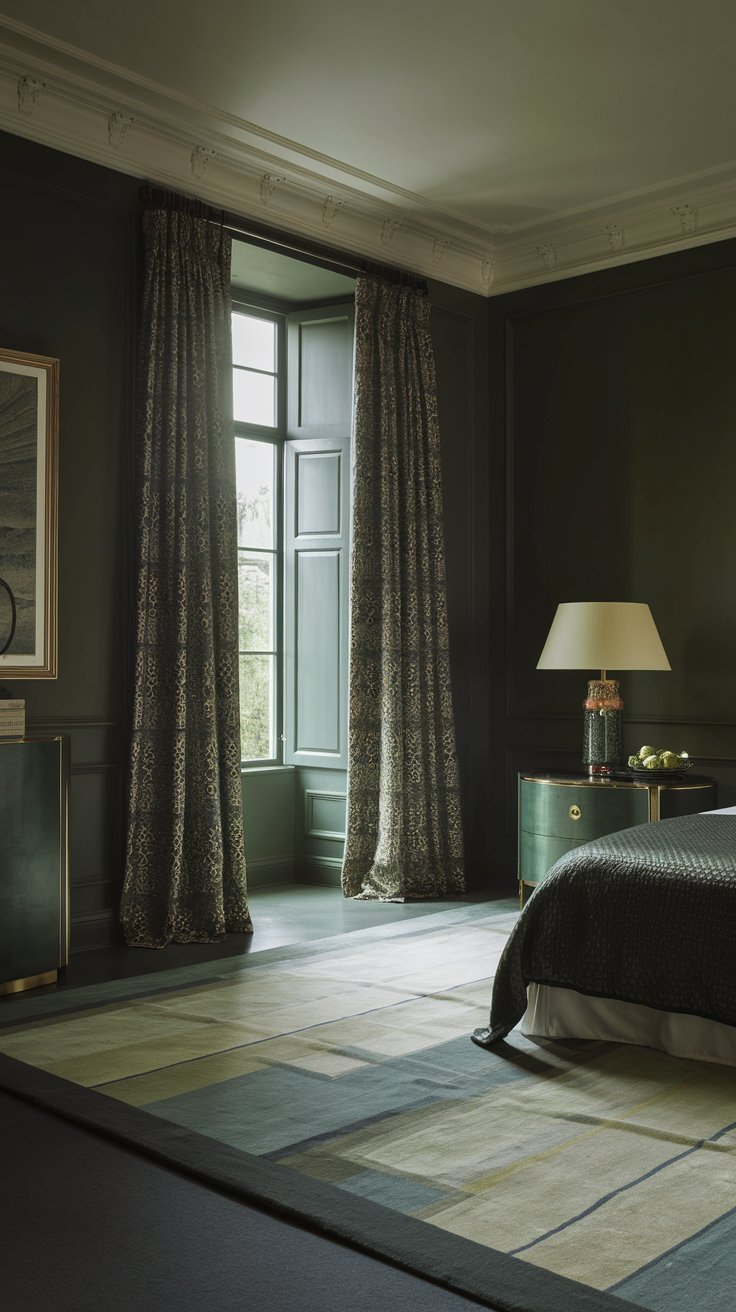 a luxury dark green bedroom with a rug and a lamp. The room has a high ceiling and a large window with a curtain. There is a large rug on the floor and a lamp on the side. The walls and furniture are painted in dark green. The lighting is soft.