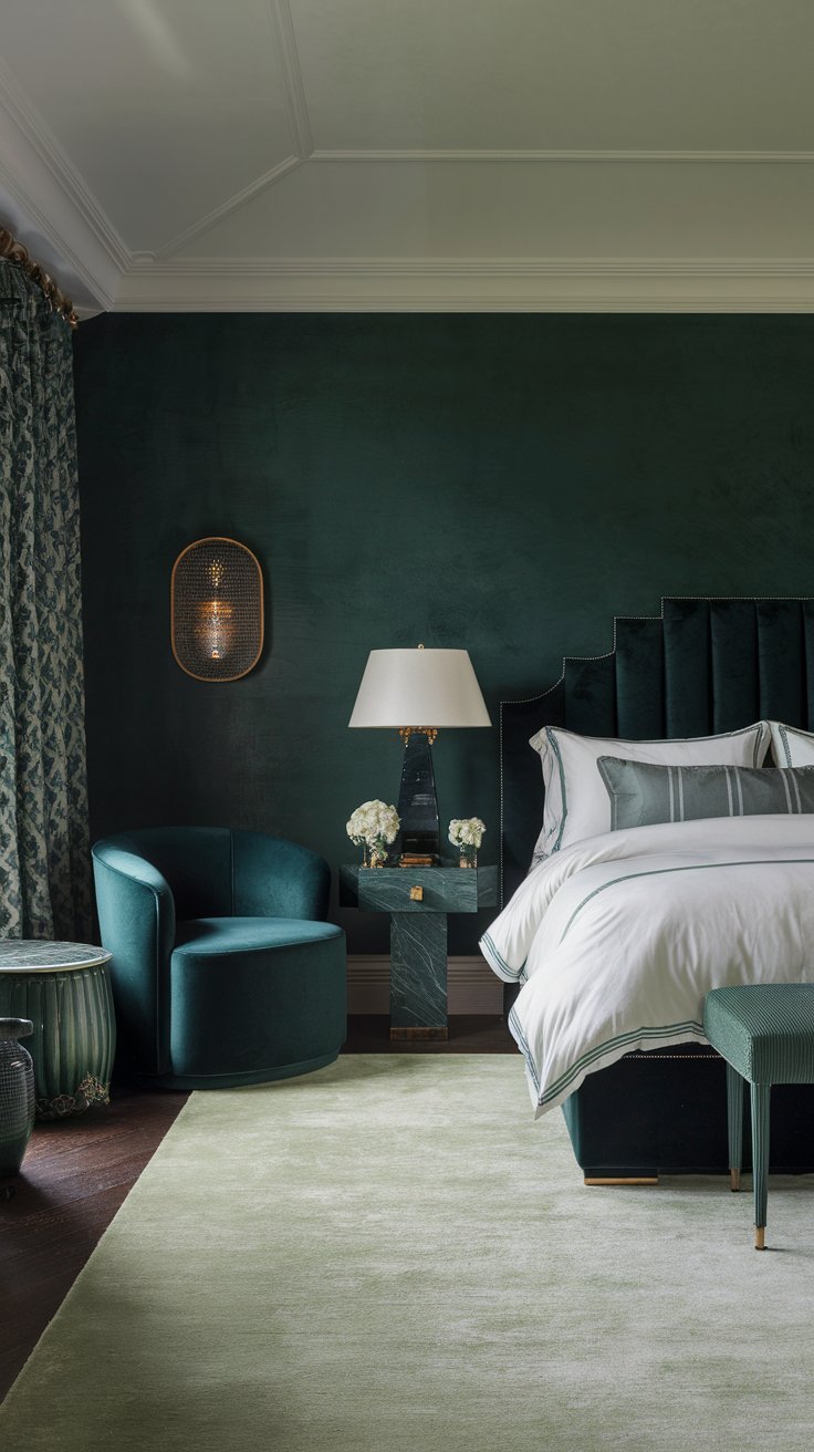 a dark green bedroom with a rug and lighting. The room has a dark green wall and a white ceiling. There is a white bed with a dark green headboard. There is a dark green chair in the corner. The floor is covered with a light green rug. There is a white lampshade on a dark green lampstand near the bed. The room has a few decorative items.