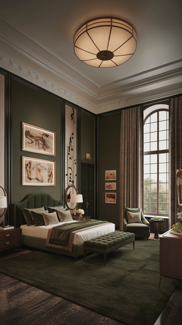 A dark green bedroom with a large light and a rug. The room has a high ceiling and is furnished with a king-size bed, a nightstand, a reading chair, and a dresser. The walls are adorned with artwork. The room has a large window with curtains. The floor is covered with a dark green rug.