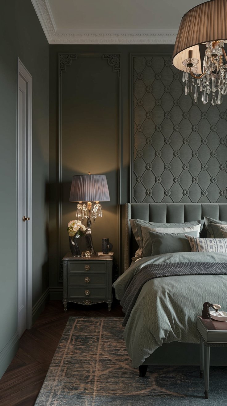 a dark green bedroom with a chandelier, a rug, and a bedside table. The wall has a decorative pattern. There is a lampshade on the chandelier. The floor has a rug. The room has a door.