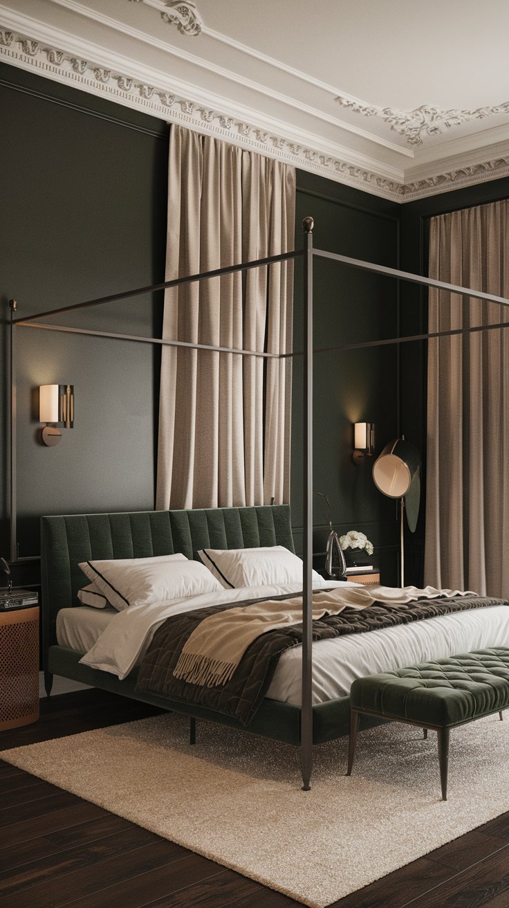 A dark green bedroom with a canopy bed, a white rug, a floor lamp, and a wall sconce. There's a beige curtain on the wall next to the bed. The ceiling has decorative molding.