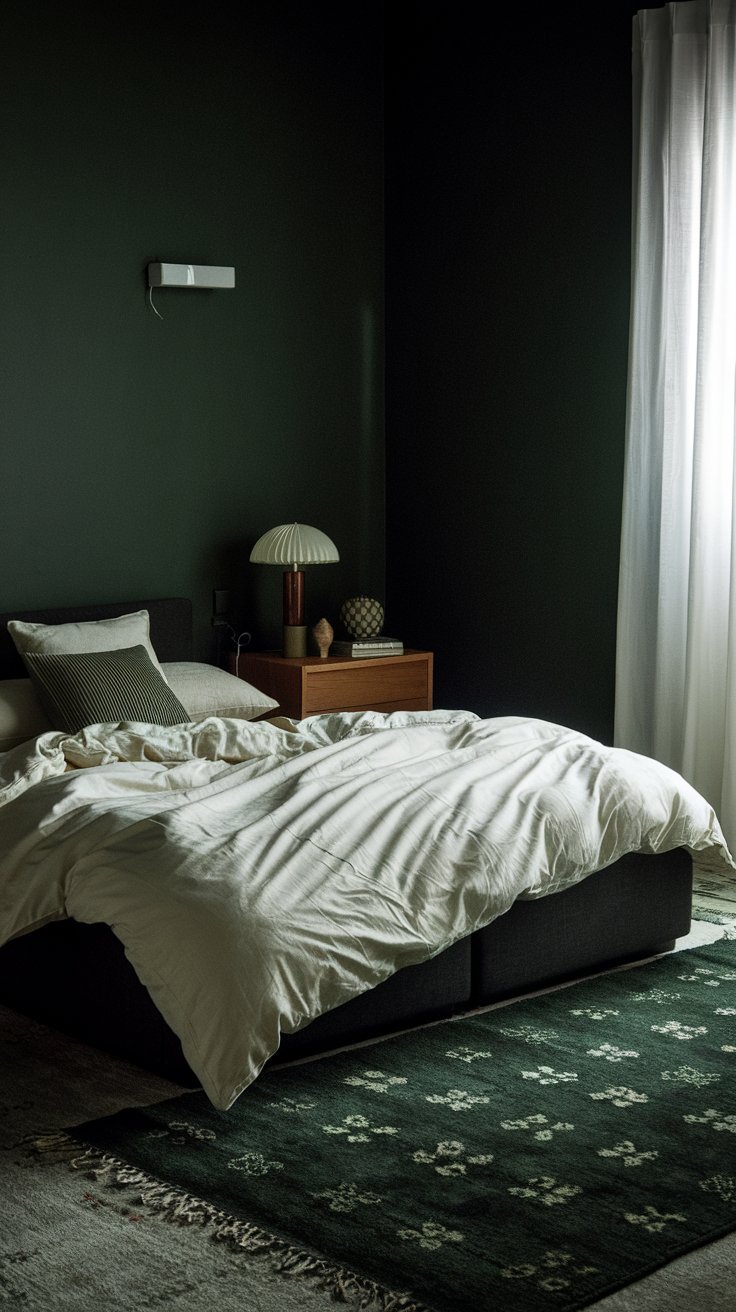 A dark green bedroom with a light and a rug. There is a bed with a white duvet and a few pillows. There is a wooden nightstand next to the bed, with a lamp and a decorative item. The floor has a dark green rug with a lighter green pattern. The walls are dark green. There is a white curtain on the window.