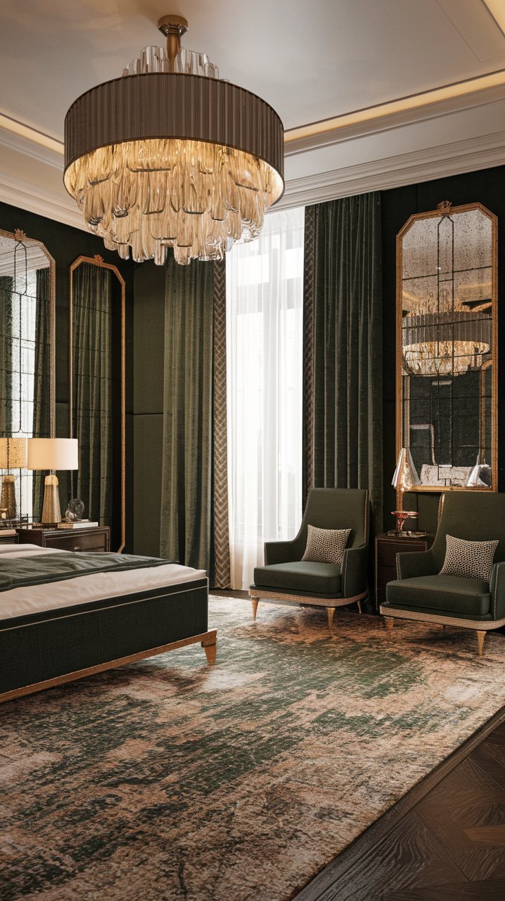 A dark green bedroom with a large chandelier hanging from the ceiling. There are two matching dark green chairs with gold accents near the window. There is a lamp on the nightstand. The floor is covered with a large, patterned rug. The walls are adorned with gold-framed mirrors.