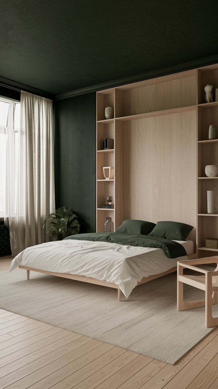 A dark green bedroom with a light wooden floor and a light rug. There is a light wooden chair in the corner. On the wall opposite the bed, there is a large light wooden shelf with decorative items. The room has a window with white curtains. The bed has a white duvet and two dark green pillows. There is a small plant near the bed.