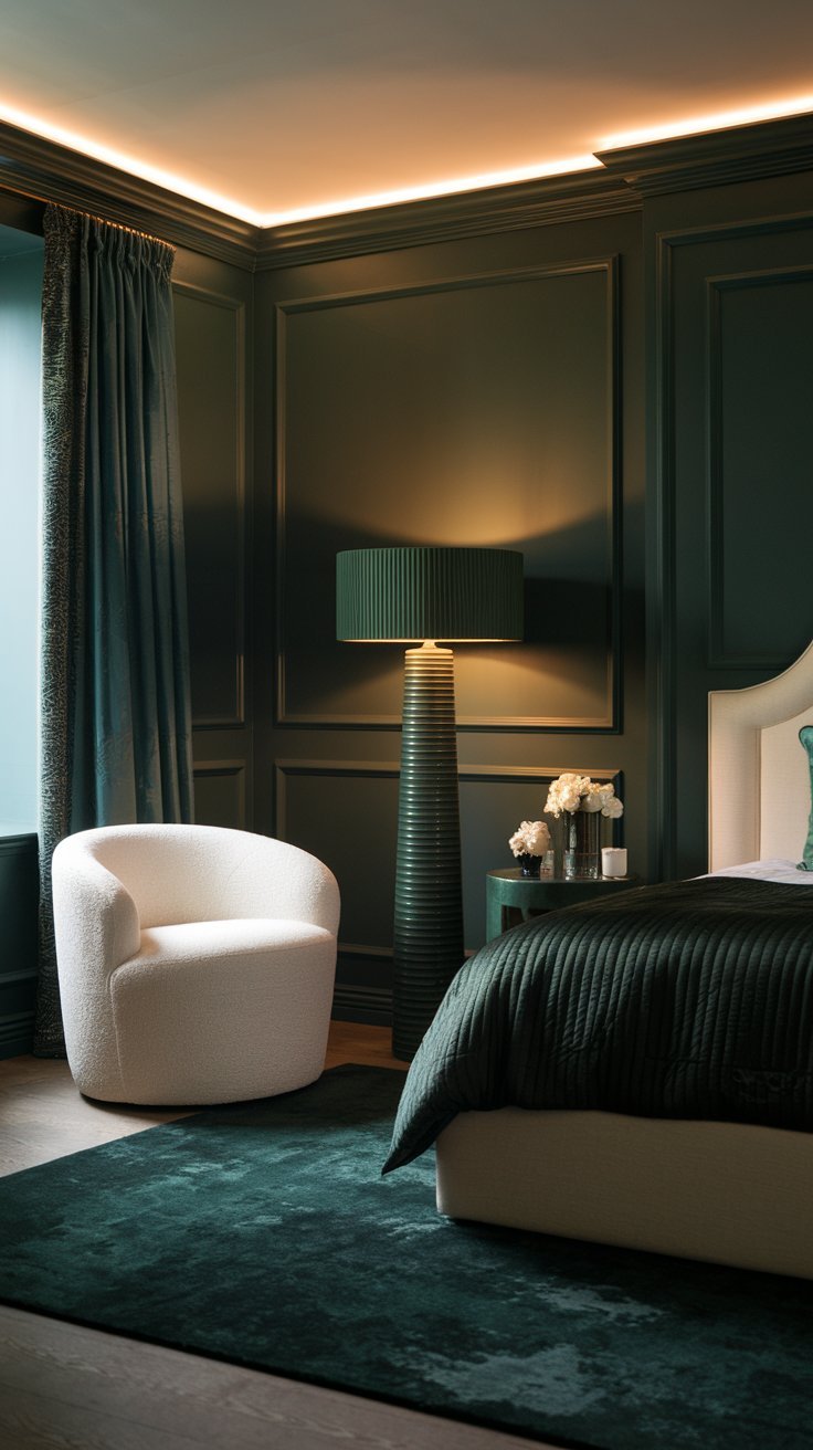 a dark green bedroom with a rug and lighting. The room has dark green walls, a white bed frame, a dark green lampshade, and a dark green rug. There is a white chair in the room. The lighting is warm and soft, creating a serene atmosphere.