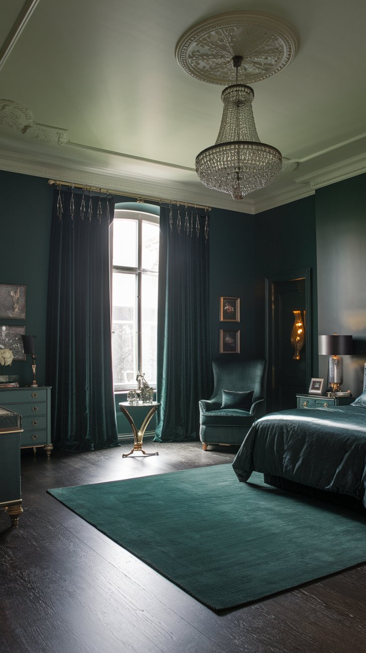 a dark green bedroom with a rug and lightning. The room has a high ceiling with a chandelier. There is a large window with dark green curtains. The floor is made of dark wood. The walls are painted in dark green. There is a large dark green rug in the middle of the room. There is a dark green chair in the corner. The room has a few pieces of furniture, including a bed, a nightstand, and a dresser. The room has a few decorative items, including a lamp and a small table.