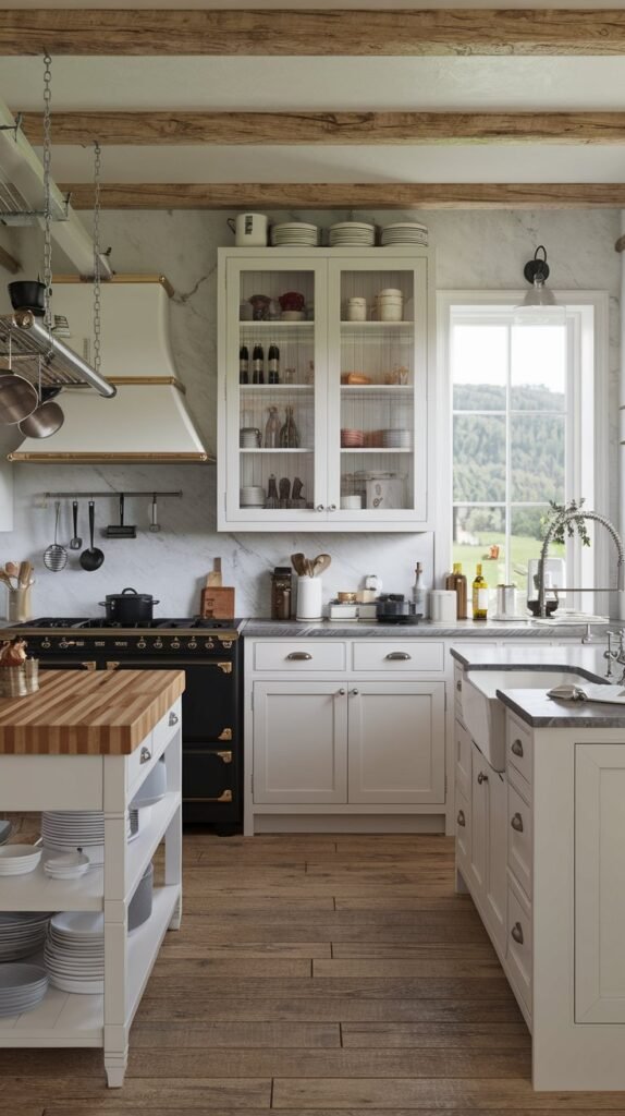 An elegant kitchen with white cabinets, a marble backsplash, a black stove, an open shelf, and hanging pots.