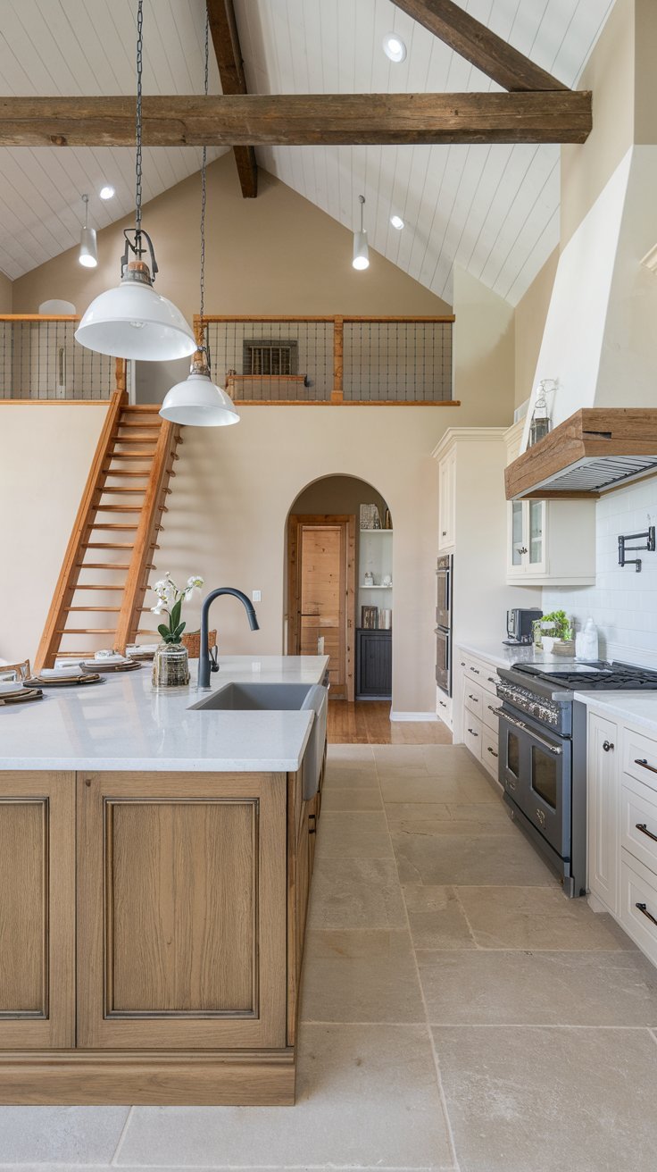 A modern farmhouse kitchen with high ceilings, a wooden staircase, and pendant lights.