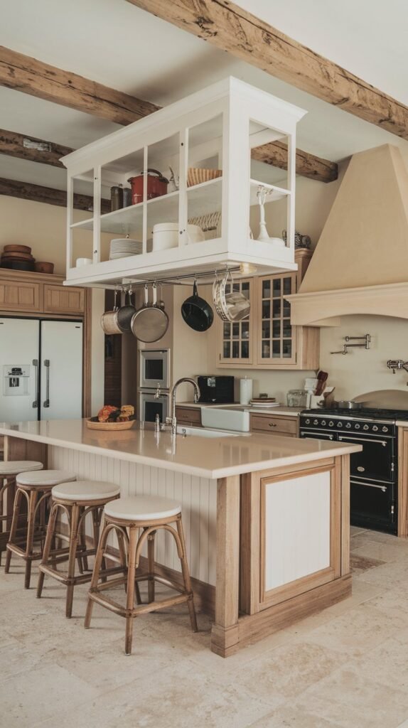 A kitchen with a unique hanging cabinet, a white island, a black range, and light-colored cabinets.