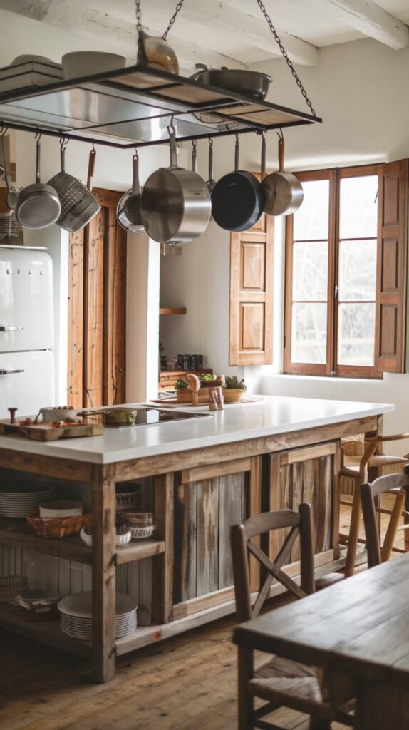 A kitchen with a hanging pot rack above a rustic wooden island with open shelving, and large windows.