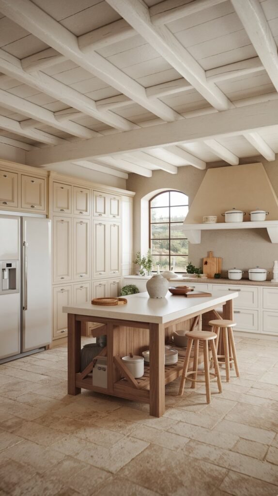 A warm kitchen with exposed wooden beams, cream-colored cabinets, an arched window and light stone flooring.