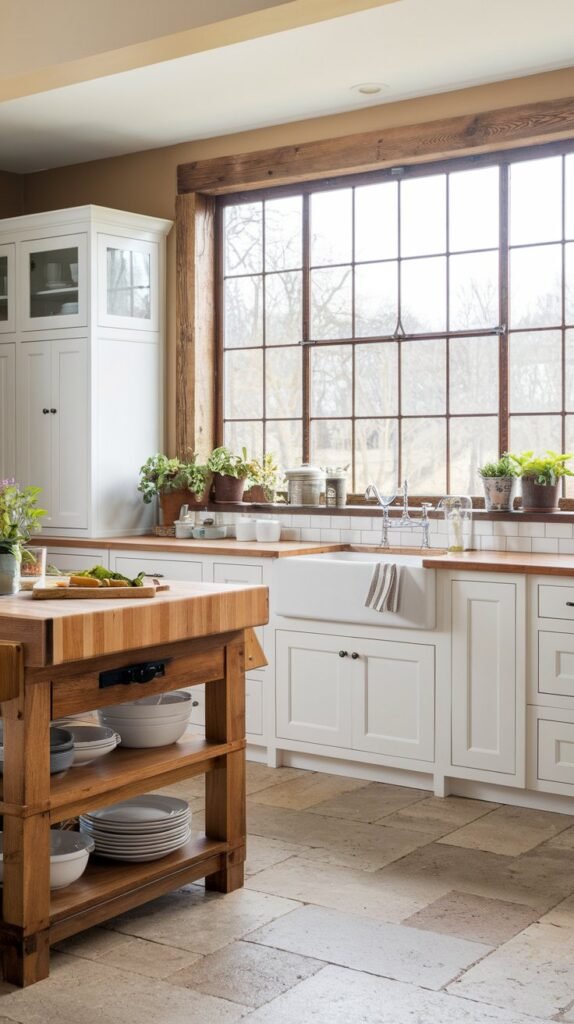 A kitchen with stone flooring, a wooden kitchen island and a large window.