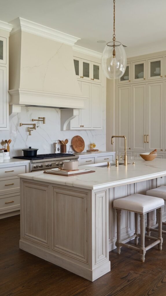 a luxury neutral kitchen with a large island in the center. The island has a white marble countertop and a few stools. There's a pot on the stove, a dish in the sink, and a few items on the countertop. The cabinets are white and have gold handles. There's a pendant light hanging over the island. The floor is a dark wood.