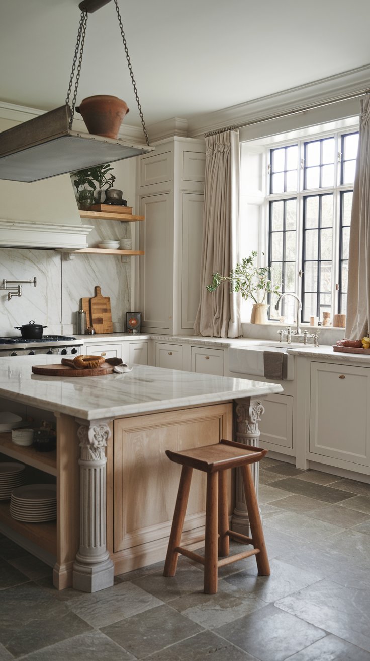 a luxury neutral kitchen with a large island. The kitchen has white cabinets, a marble countertop, and a stainless steel sink. There is a wooden stool near the island. The floor is made of grey tiles. A pot is hanging above the island. The background contains a window with curtains and a plant.