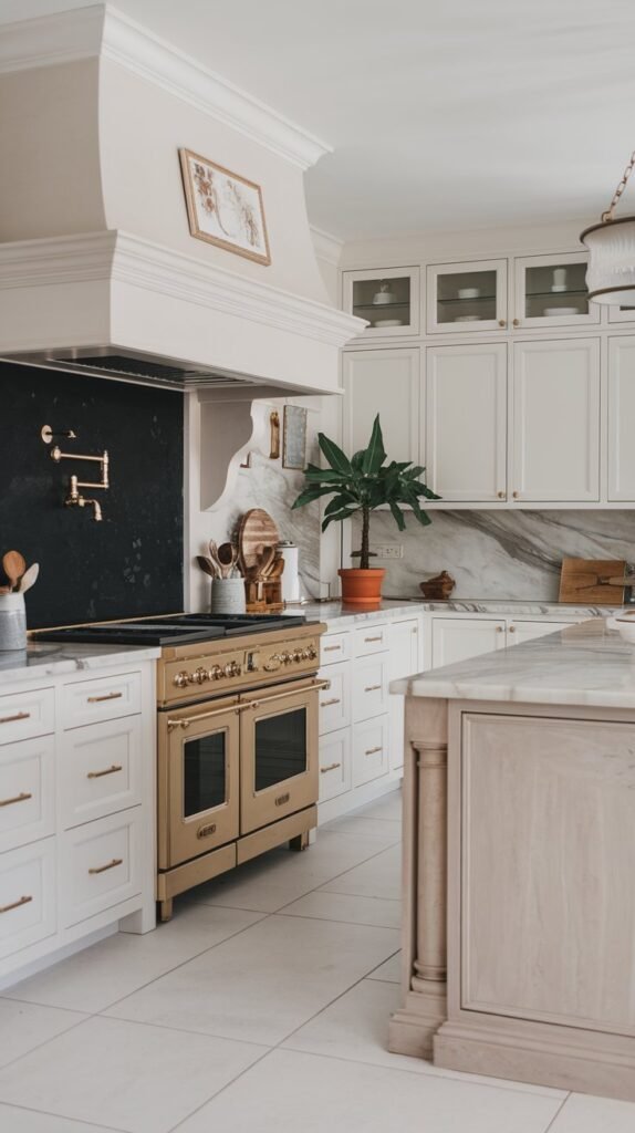 a luxurious neutral kitchen with a cabinet and backsplash. The kitchen has a marble countertops, white cabinets, and a black backsplash. There is a gold faucet and a pot filler above the stove. A potted plant sits on the counter. The floor is covered with white tiles. A pendant light hangs above the island.