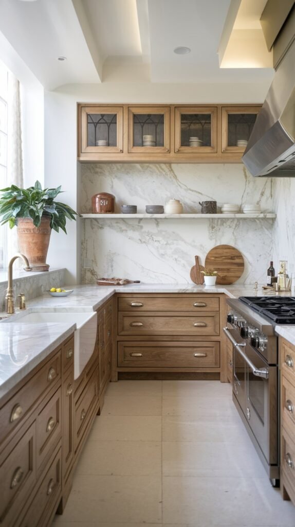 a neutral kitchen with a wooden cabinet. The kitchen has a marble countertop, stainless steel appliances, and a white backsplash. There's a potted plant near the window. The floor is tiled.