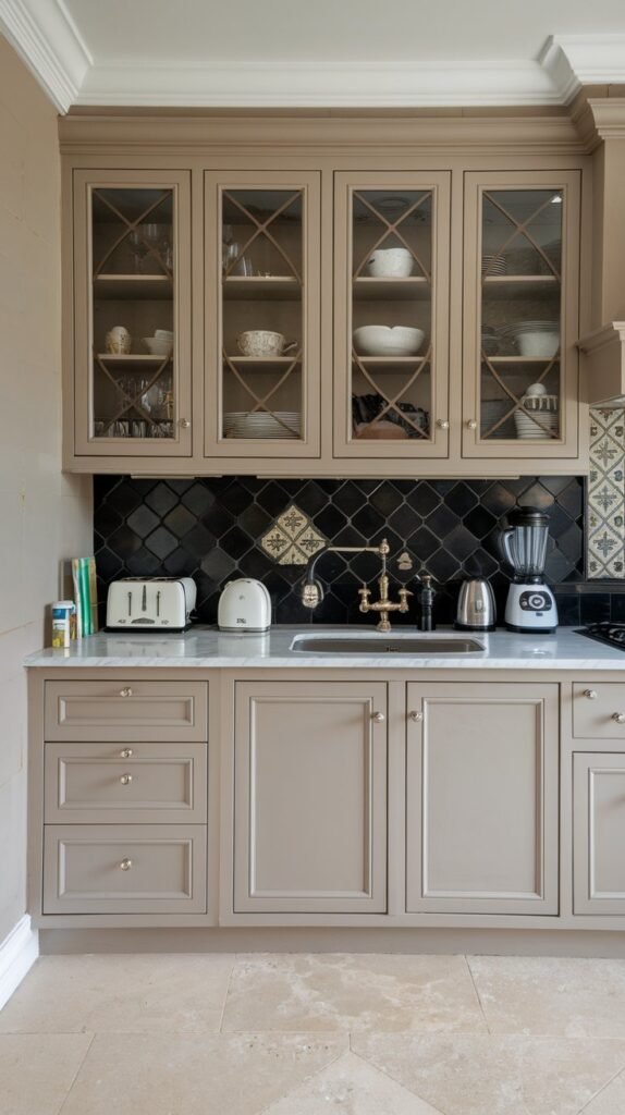 a neutral kitchen with a cabinet and a black splash. The kitchen has a marble countertop, a stainless steel sink, and a faucet. There is a toaster, a kettle, and a blender on the countertop. The cabinet has glass doors and is filled with various items. The wall has a black splash and a decorative tile pattern. The floor is made of large beige tiles. The lighting is bright.