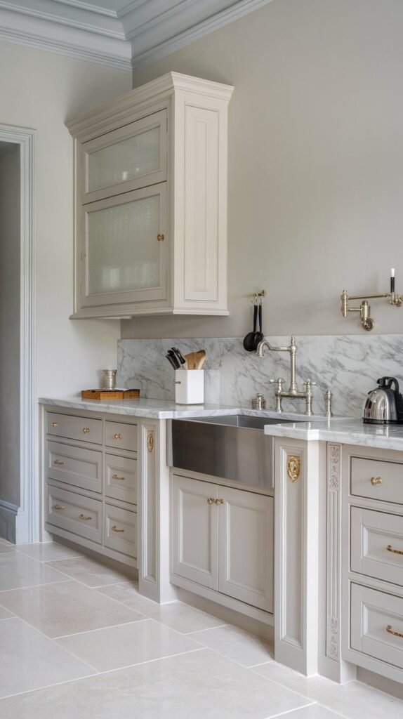 a neutral kitchen with a cabinet. The kitchen has a marble countertop, a stainless steel sink, and a faucet. There is a cabinet above the sink. The floor is made of large, white tiles. The walls are painted in a light gray color. There are a few kitchen utensils placed on the countertop.