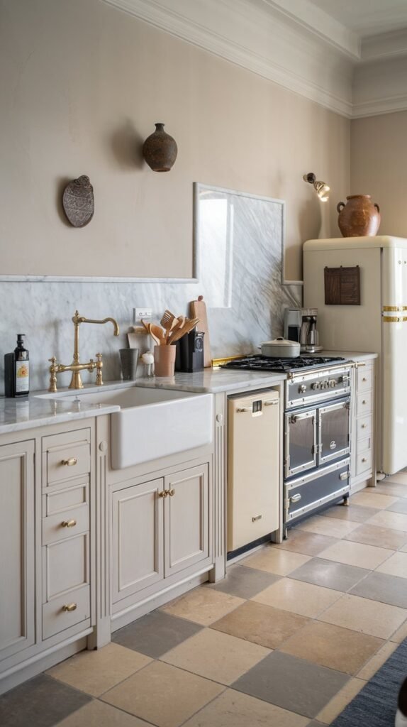 a neutral kitchen with a marble countertop and white cabinets. There's a sink with a faucet, a stove, a refrigerator, and a dishwasher. There are also various kitchen appliances and utensils. The floor is tiled in beige and grey. The walls have a few decorative items, such as a pot and a vase. The lighting is soft.