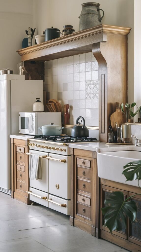 a neutral kitchen with a cabinet. The kitchen has a wooden cabinet with a few items placed on top of it. There is a white stove with pots placed on it. A black kettle is placed on the stove. There is a white microwave oven next to the stove. A white sink is placed near the stove. A green plant is placed near the sink. The floor is tiled.