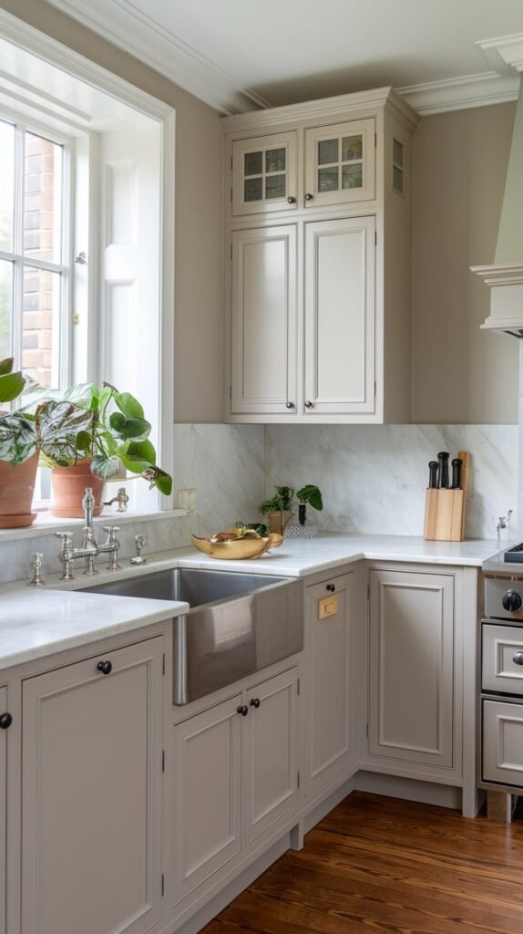 a neutral kitchen with a cabinet. The kitchen has a marble countertop and a stainless steel sink. There is a cabinet above the sink. The walls and cabinets are painted in a soft grey color. The floor is made of wood. There are potted plants near the window.