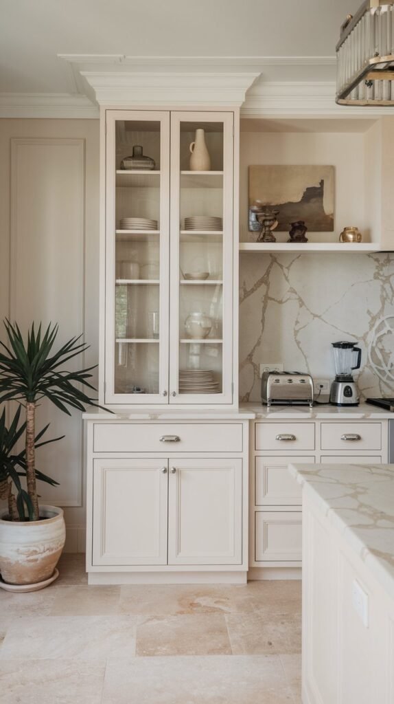 a neutral kitchen with a white cabinet and a marble countertop. The cabinet has a few dishes and a vase. The countertop has a toaster, a coffee maker, and a blender. There is a potted plant near the cabinet. The floor is covered with beige tiles. The wall has a shelf with a few decorative items. The room has a chandelier.