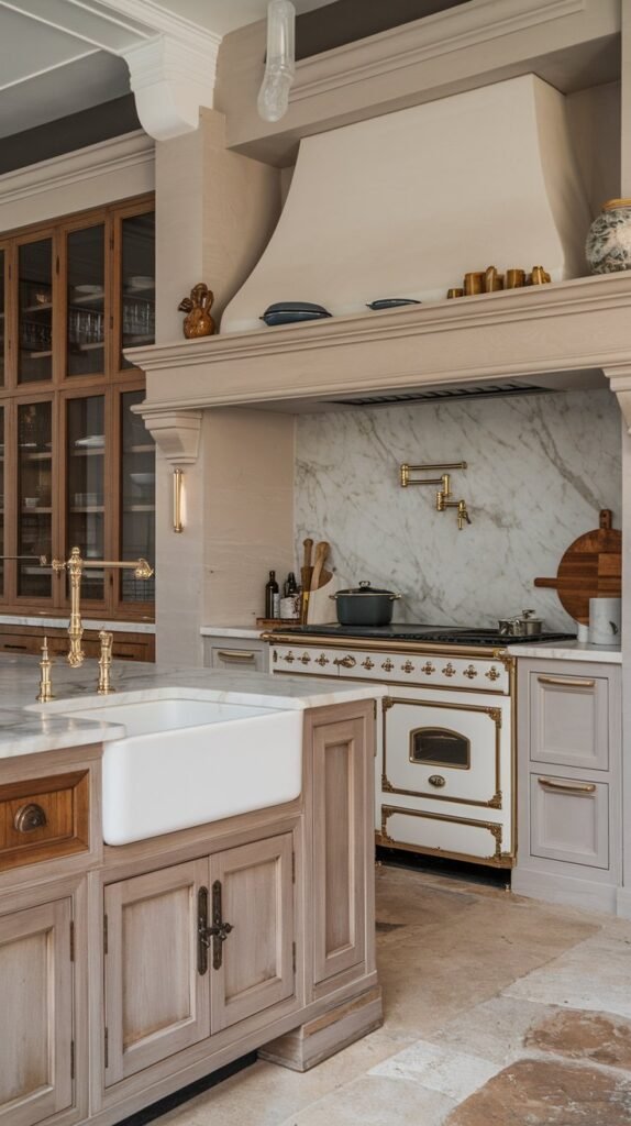 A neutral kitchen with a large cabinet. The kitchen has a marble countertop and a white sink. There's a gold faucet and a white stove. The cabinet is made of wood and has a few pots and pans. The floor is made of stone.