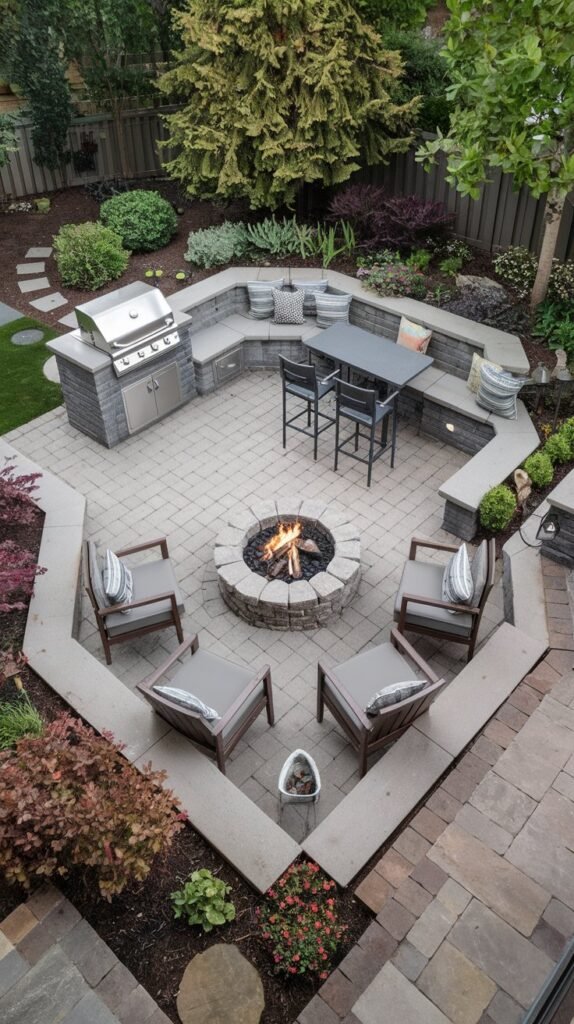 Seamless Grill with Built-in Seating and Cozy Fire Pit