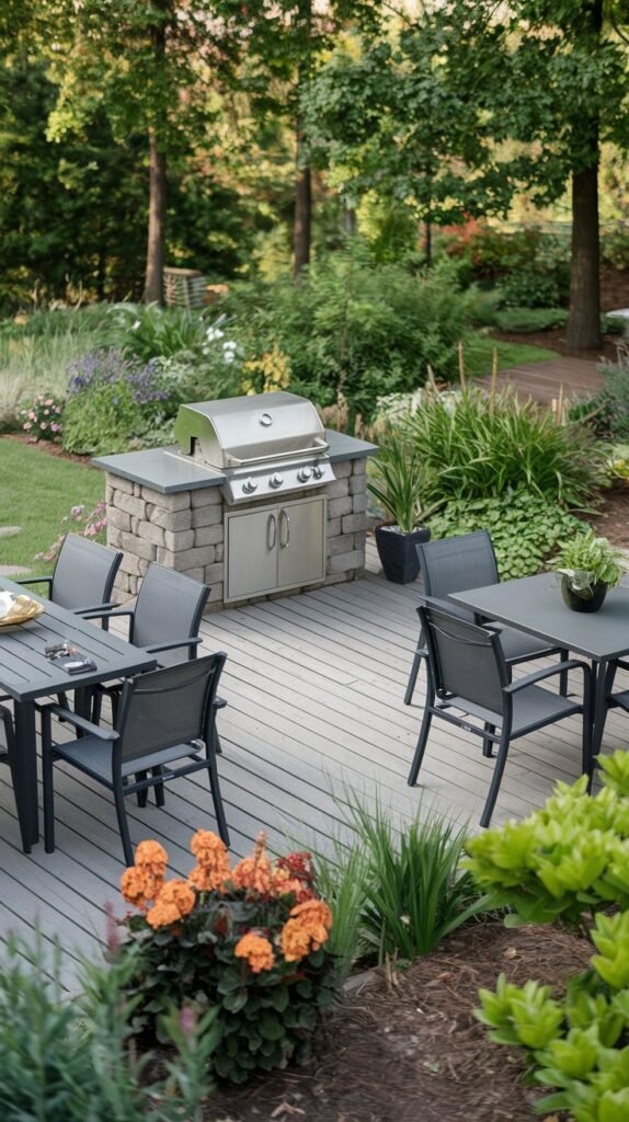 Modern Grill on a Stone and Wooden Deck for Guests