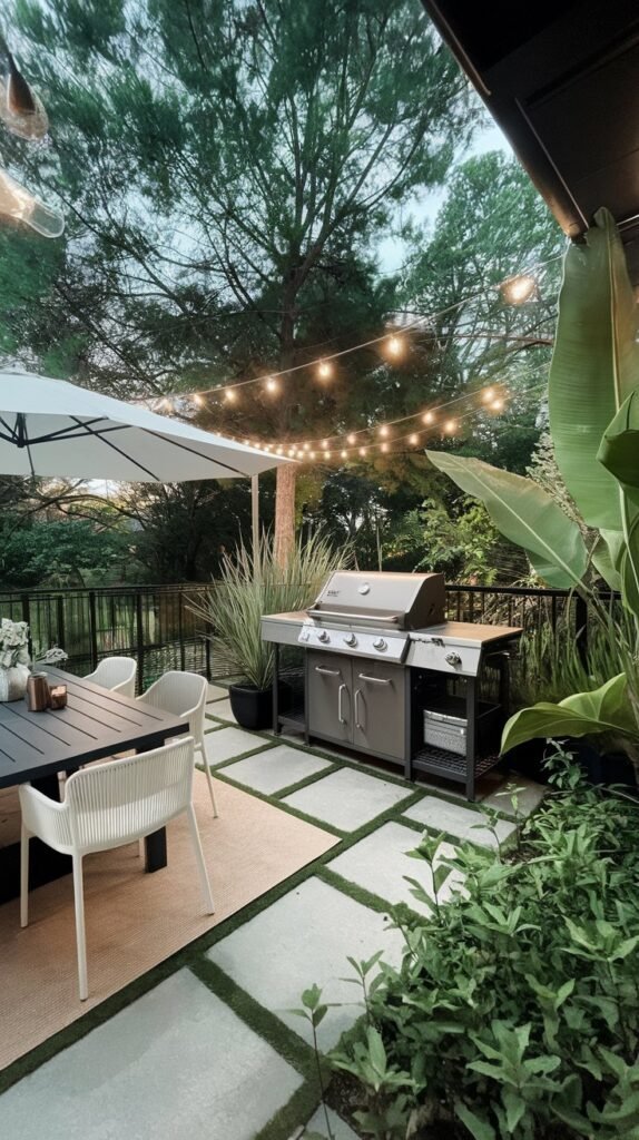 Enchanting Grill with String Lights and Lush Greenery