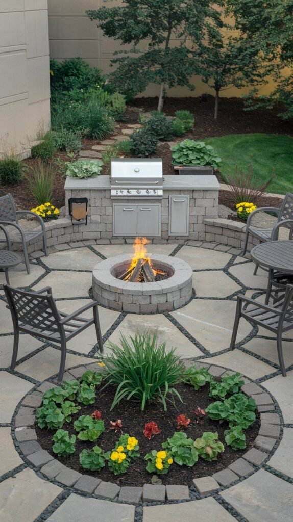 Engaging Circular Patio Grill and Firepit Gathering Space