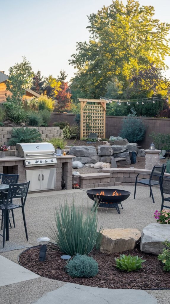 Rustic Gravel Patio Grill with Natural Rock Accents