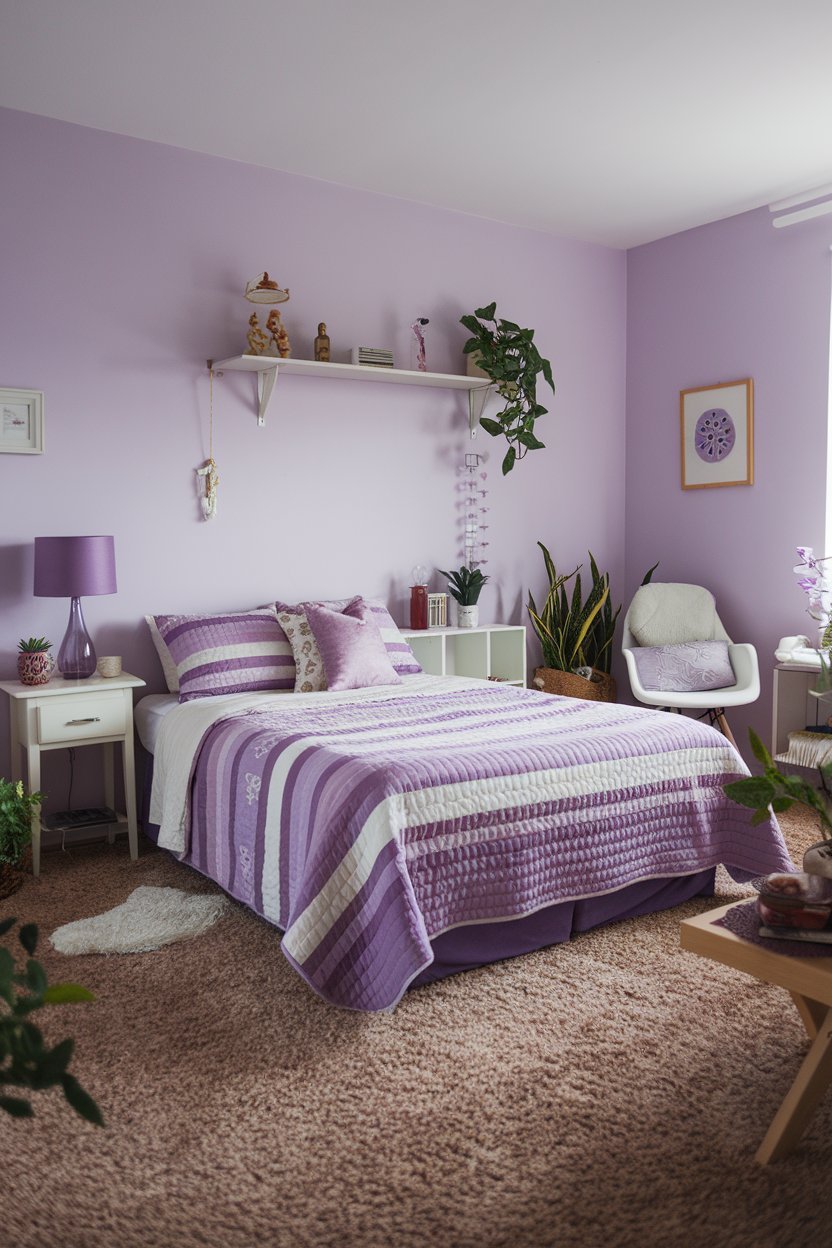 A cozy purple bedroom with a plush carpet and a few furniture pieces. There's a queen-size bed with a purple and white striped quilt. Above the bed, there's a white shelf with a few decorative items. On the left side, there's a white nightstand with a purple lamp. Next to it, there's a white chair. The room has a few plants and a few decorative items. The walls are painted in a light purple shade.