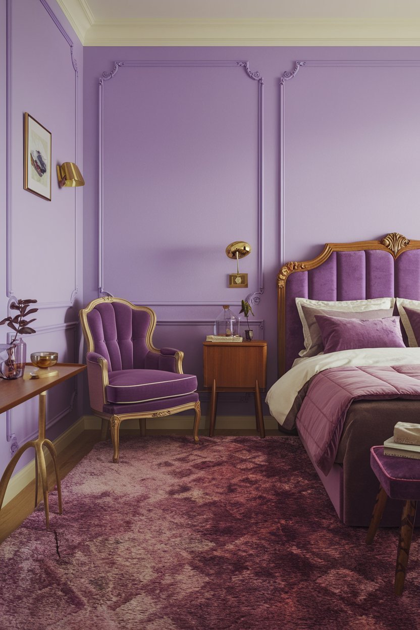 A cozy purple bedroom with a plush rug and a few pieces of furniture. There's a vintage-style purple chair near the wall, a wooden nightstand beside the bed, and a small table next to the chair. The bed has a purple headboard with gold accents and a white duvet. The walls are painted in a lighter shade of purple. There are also a few decorative items, including a gold lamp on the nightstand and a small plant on the table. The overall room has a warm and inviting atmosphere.
