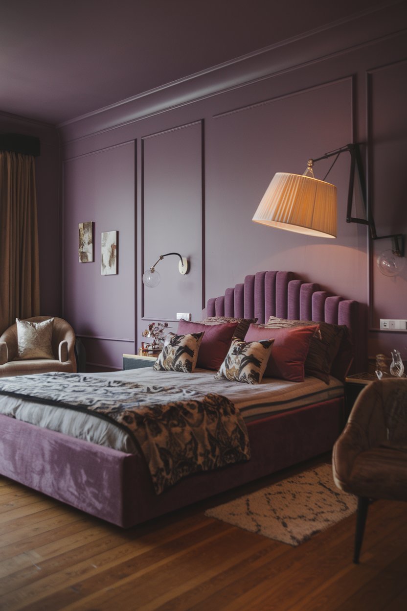 A cozy purple bedroom with a plush bed, a few decorative pillows, and a large wall-mounted lamp. The room has a wooden floor and a few pieces of furniture, including a nightstand and a chair. The walls are adorned with a few pieces of wall art. The room has a soft, warm lighting.