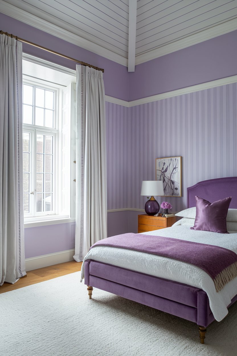 a purple bedroom with a high ceiling. The room has a large window with white curtains. There's a purple bed with a white blanket and a purple pillow. The bed has a wooden frame. There's a wooden nightstand next to the bed. The nightstand has a lamp and a purple vase with a flower. The floor is covered with a white rug. The walls have white and purple striped wallpaper.
