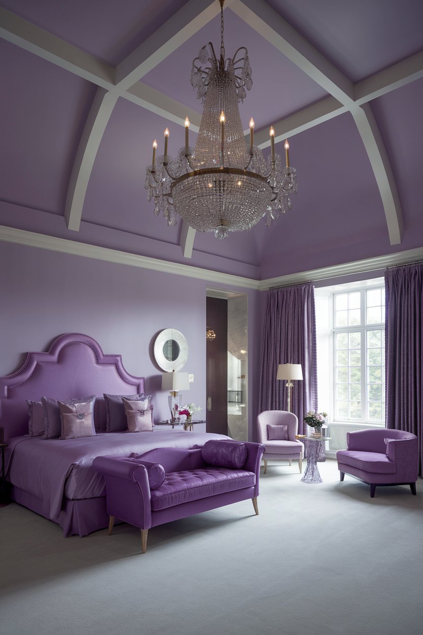 a luxury purple bedroom with a high ceiling. The room has a king-size bed with a purple headboard. There is a purple chaise lounge near the window. A white chair and a small table are placed near the bed. The room has a large chandelier. The walls are painted in a light purple shade.