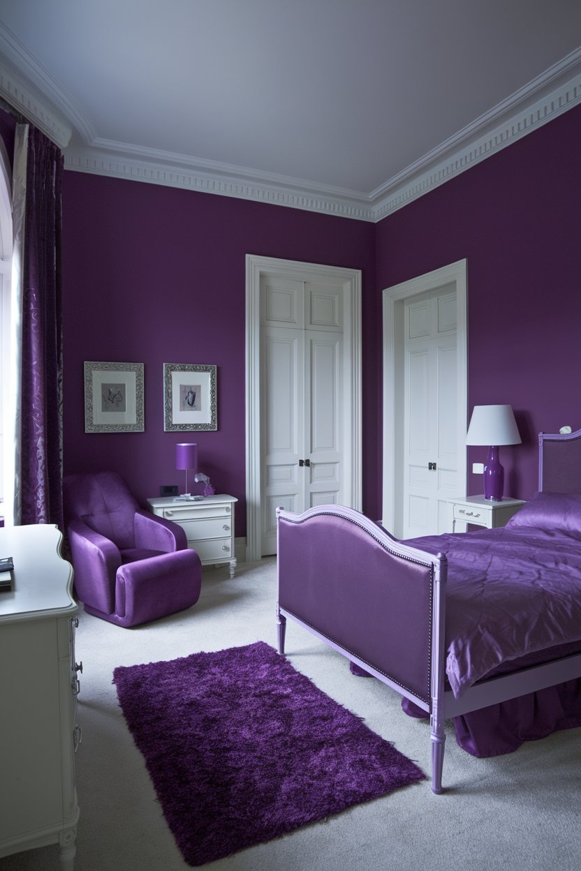 A bedroom with a purple theme. The walls are painted a deep shade of purple. There is a purple bed with a white frame. A white dresser and a purple chair are placed near the bed. A purple rug is placed on the floor. There is a white lamp on the purple chair. The room has white trim around the windows and doors.