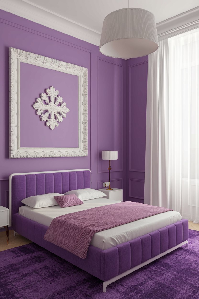 A bedroom with purple walls. There is a purple bed with a white frame. On the purple wall, there is a large white frame with a decorative pattern. The room has a white lampshade. There is a white nightstand next to the bed. The floor is covered with a purple rug. The room has a window with white curtains.
