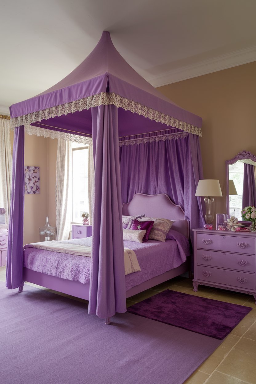 a purple bedroom with a canopy bed. The bed is placed under a purple canopy with lace trimmings. There is a purple dresser with a mirror and a lamp next to the bed. The floor is covered with a purple rug. The walls are painted beige. There are white curtains near the window.