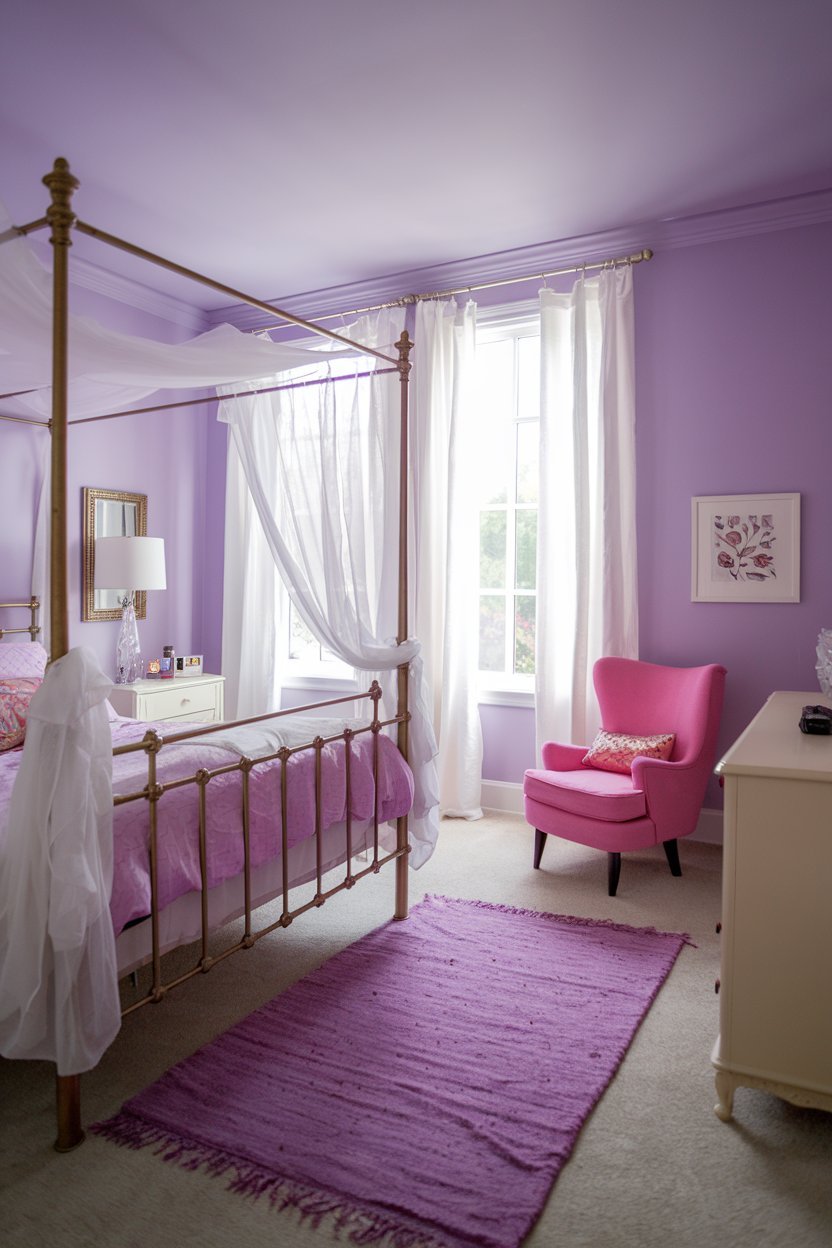 a purple bedroom with a canopy bed, a pink chair, and a white dresser. There is a purple rug on the floor. The walls are painted in a light purple shade. There are white curtains near the window. A lamp is placed on the pink chair.