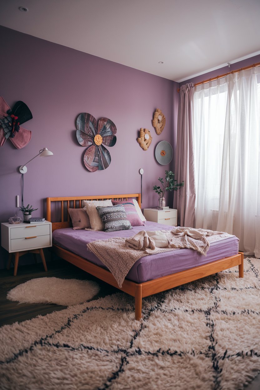 A cozy purple bedroom with a plush white rug, a wooden bed frame, and two white nightstands. There's a small plant on one of the nightstands. The walls are adorned with unique art pieces. The room has a large window with soft white curtains.