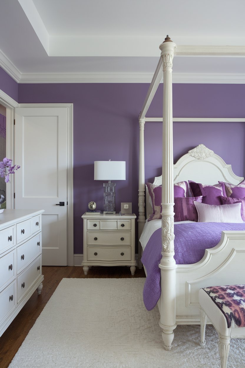 a purple-themed bedroom with a white bed frame and matching furniture. The walls are painted in a medium purple hue. There's a white dresser and a nightstand next to the bed. The nightstand has a lamp and a decorative item. The floor is covered with a white rug. The room has a white ceiling and a white door.