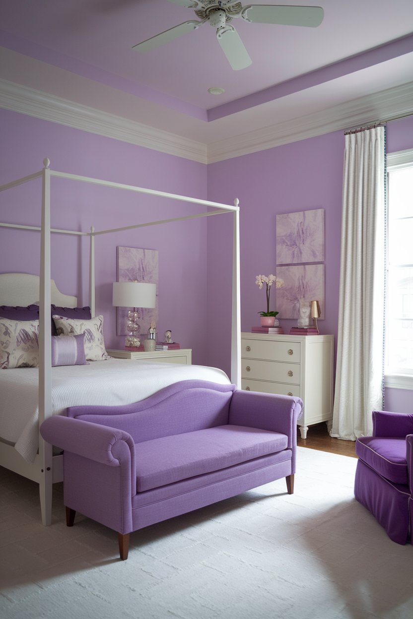 a purple bedroom with a canopy bed, a purple chaise lounge, and a purple chair. The walls are painted in a light purple hue, and the room has white furniture. There is a white dresser and a white nightstand next to the bed. The room has a ceiling fan and a window with white curtains. The floor is covered with a white rug.
