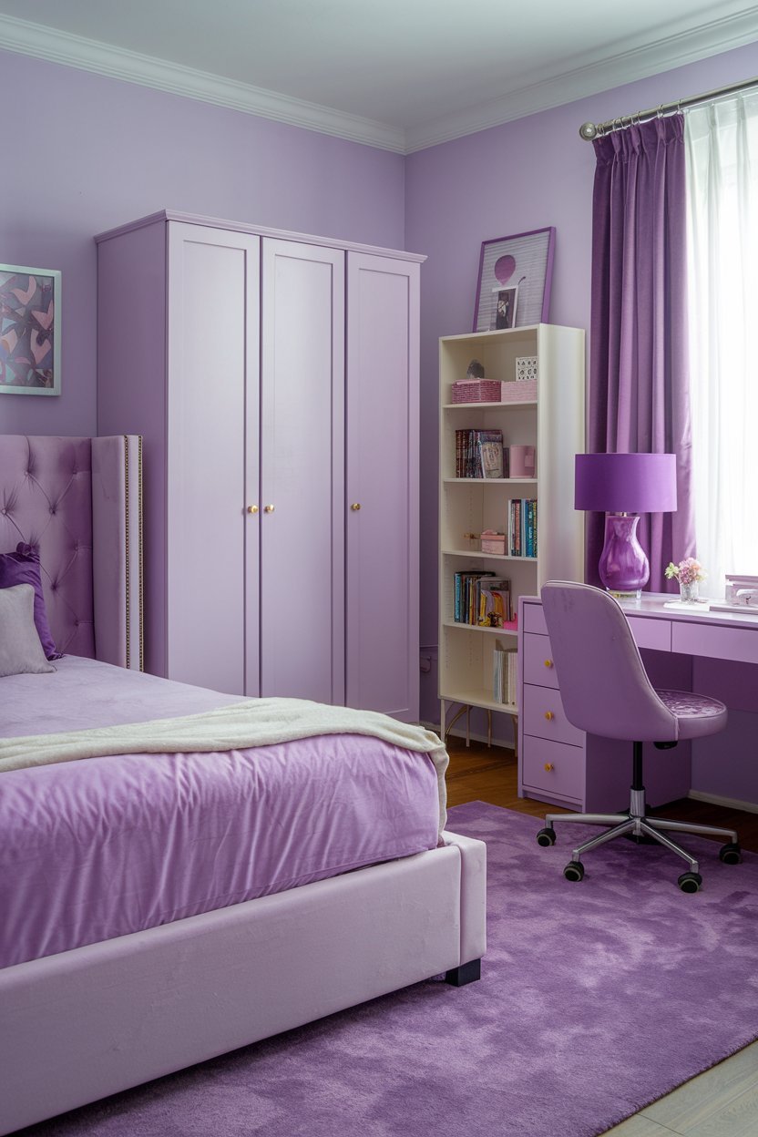 a purple bedroom with a plush bed, a desk with a chair, and a wardrobe. The room has a purple rug, a purple lamp on the desk, and purple curtains. There's a white bookshelf near the desk. The walls are painted in a light purple hue.