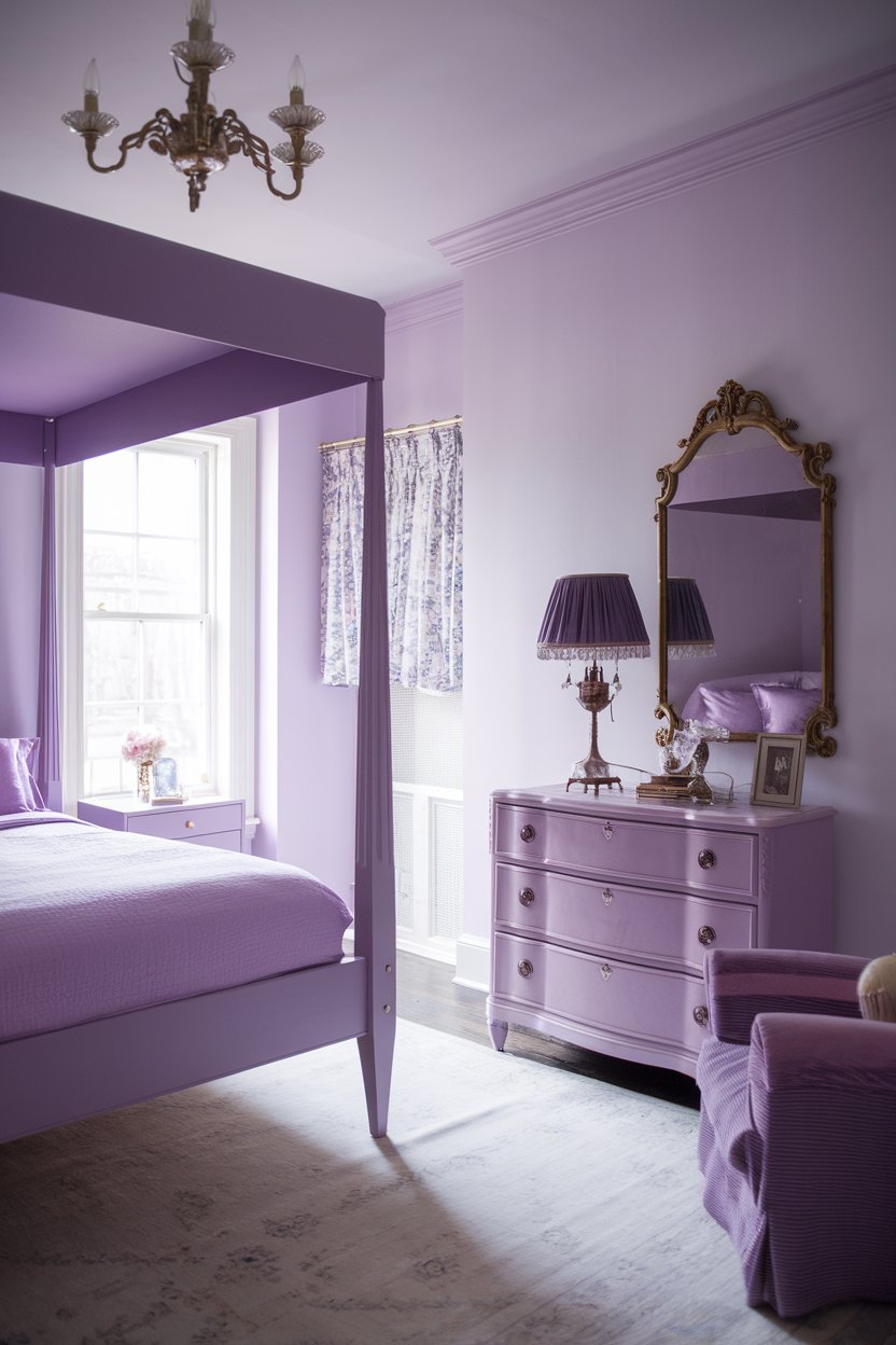 a purple bedroom with a vintage touch. There's a four-poster bed with a purple canopy. The bed is placed near the window. On the wall beside the bed, there's a vintage-style mirror with a gold frame. There's a white dresser with purple drawers and a vintage lamp with a purple shade. The floor is covered with a white area rug. The room has a vintage chandelier.